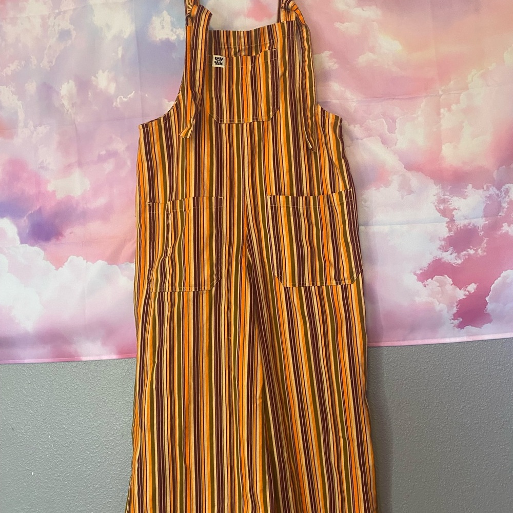 LUCY & YAK wide leg JENNY overalls jumpsuit ORANGE lawn chair stripe 6